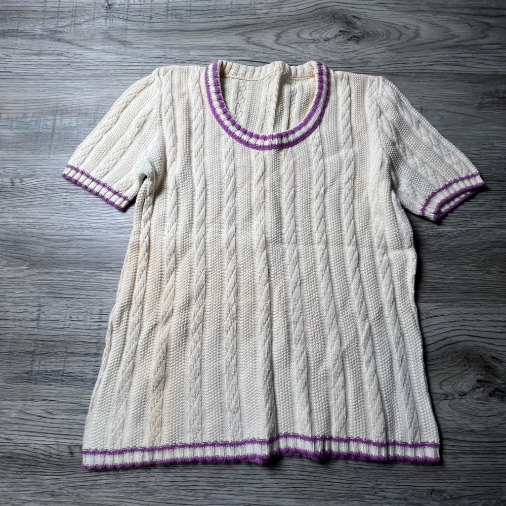 Vintage Cable Knit Sweater Short Sleeve Women Small Cream Purple Varsity Preppy